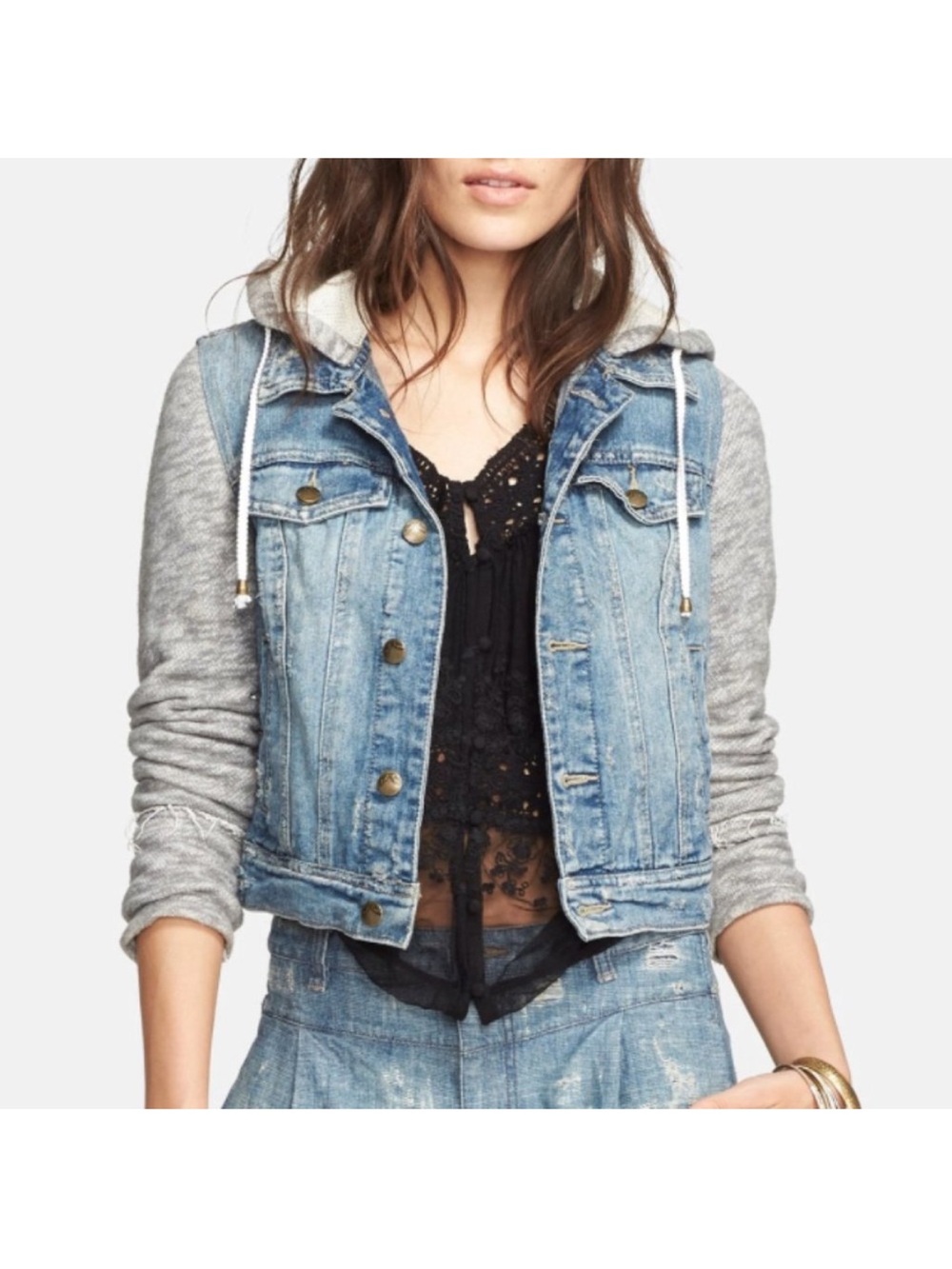 Free People Light Blue Denim Jacket with Gray Knit Hood & Sleeves Size Small